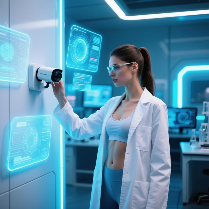 High Tech Lab Scientist Adjusting Camera