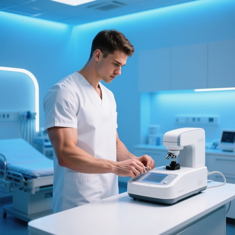 High Tech Medical Office Researcher Adjusting Device