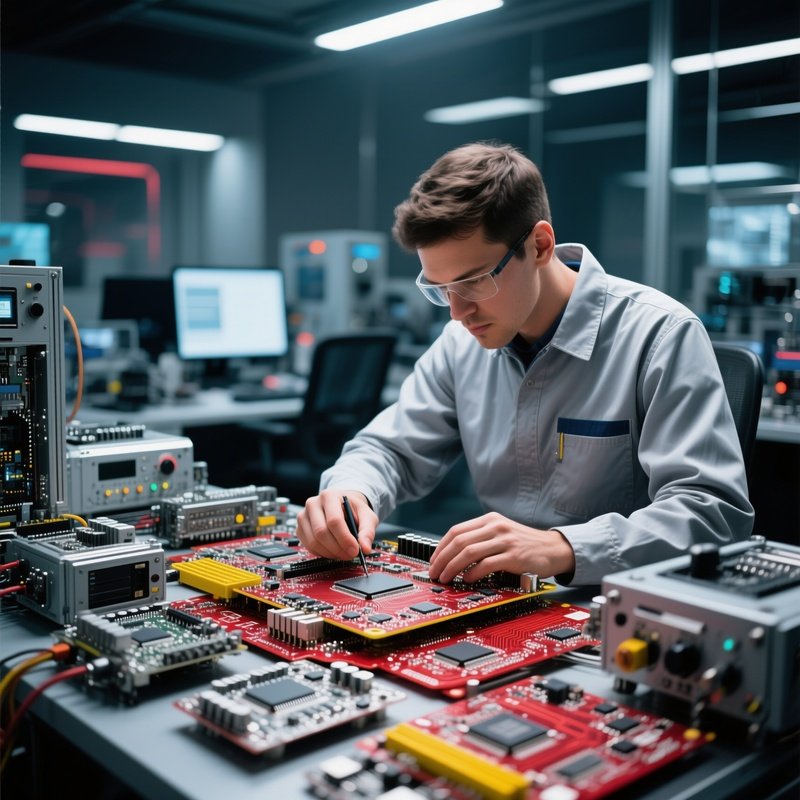 High Tech Worker Inspecting Circuit Boards