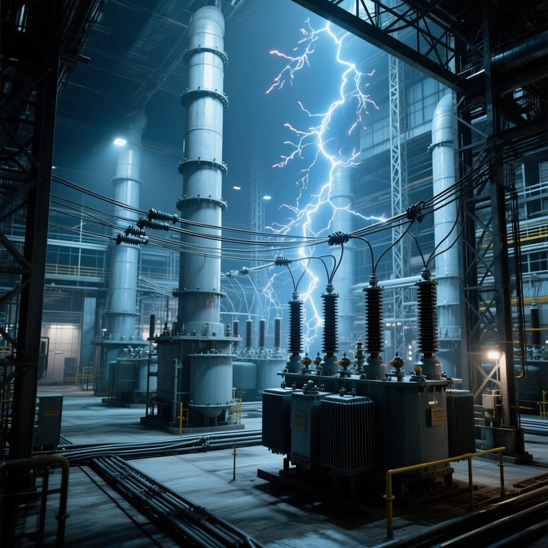 High Voltage Substation Maze Of Insulators Transformers