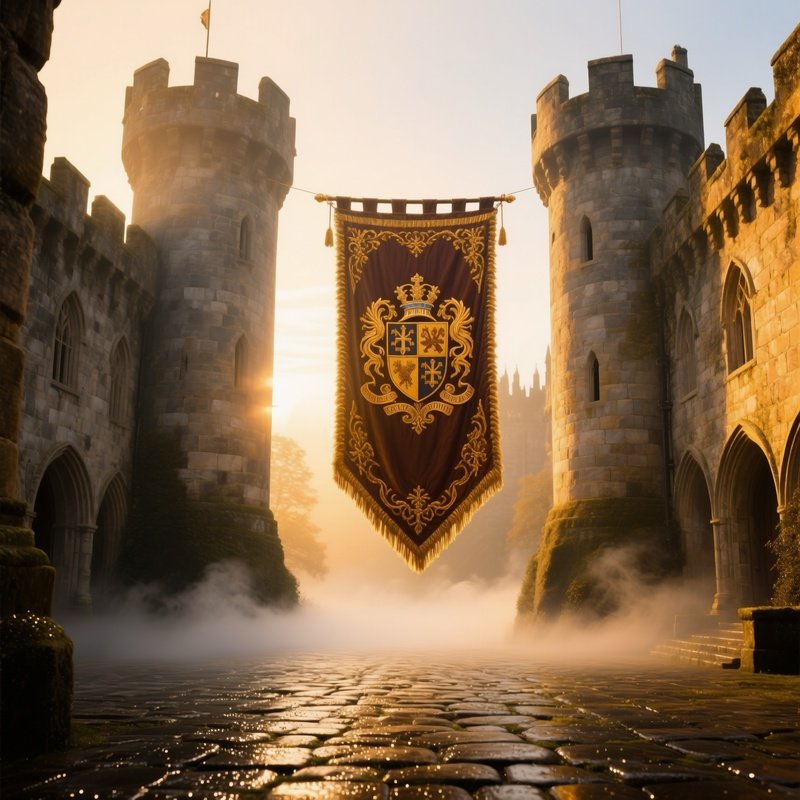Historic Castle Courtyard At Sunrise With Wool Banner