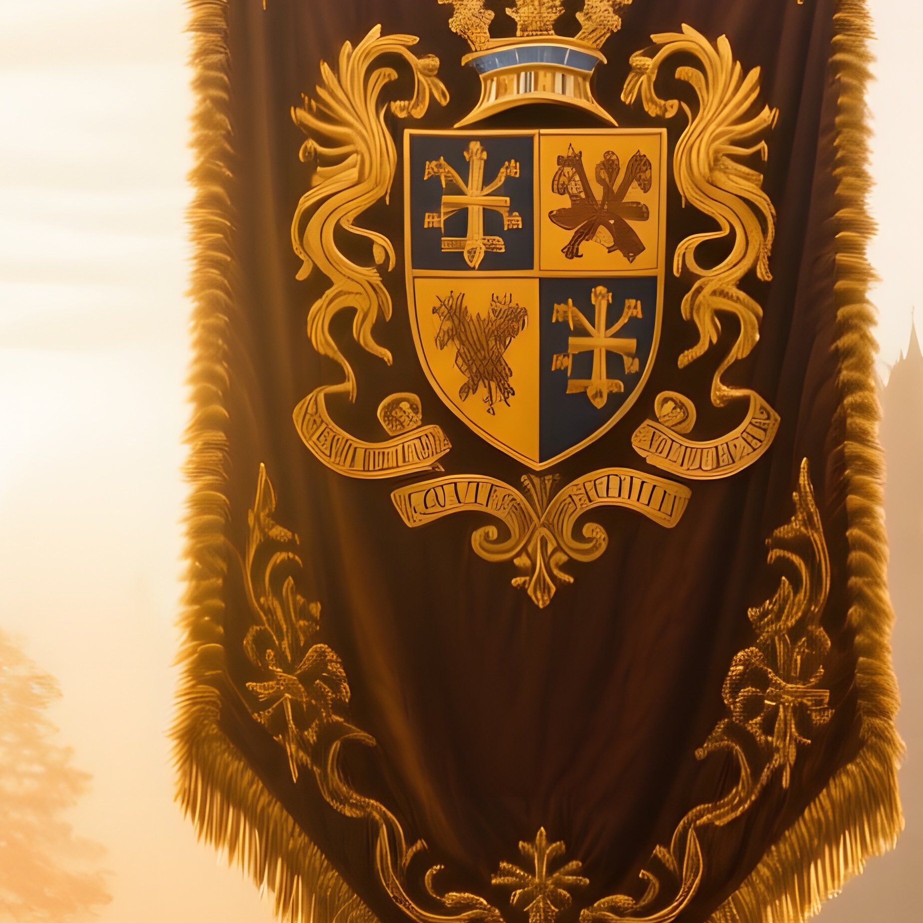 Historic Castle Courtyard At Sunrise With Wool Banner - Full Resolution Quality Preview