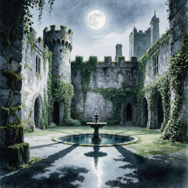 Historic Castle Courtyard Moonlight Ivy Owl