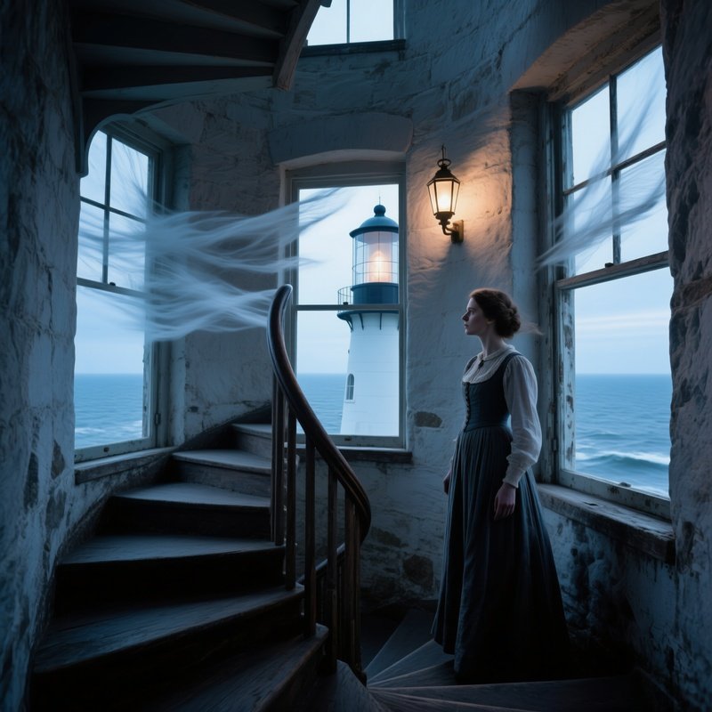 Historic Lighthouse Interior Woman Spiral Staircase