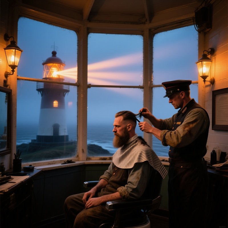 Historic Lighthouse Lantern Room At Dusk Sea Fog Lighthouse Keeper Hair Trimmed