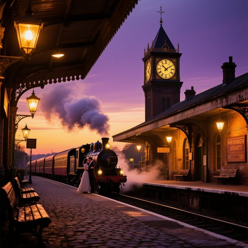Historic Train Station Lovers Under Clock Tower Twilight