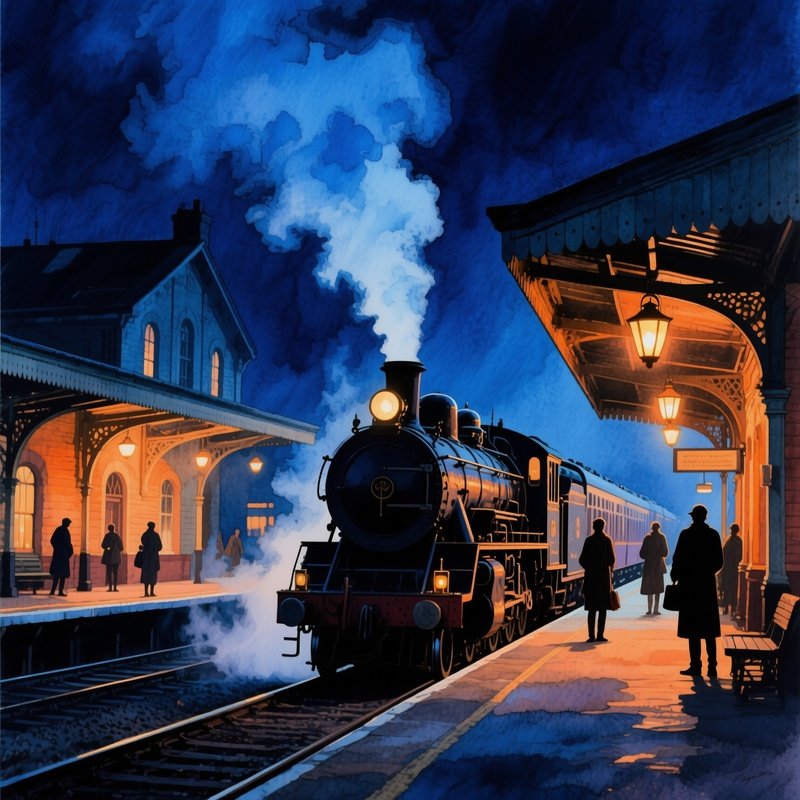 Historic Train Station Night Steam Watercolor