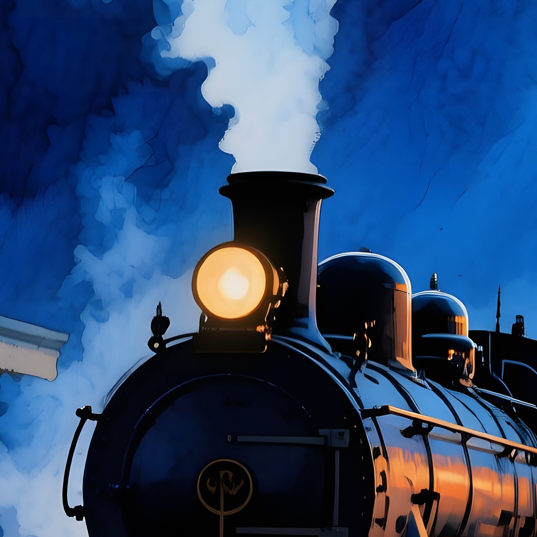 Historic Train Station Night Steam Watercolor - Full Resolution Quality Preview