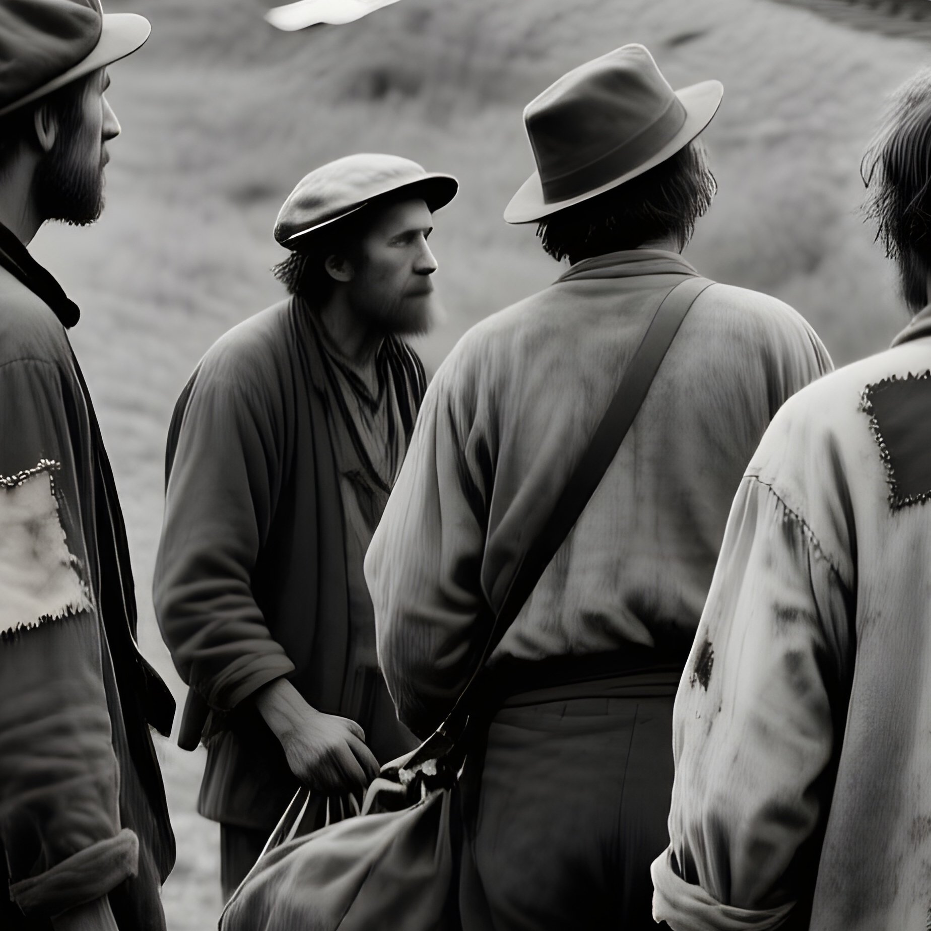 Hobo Jungle Great Depression Travelers Waiting Near Tracks - Full Resolution Quality Preview