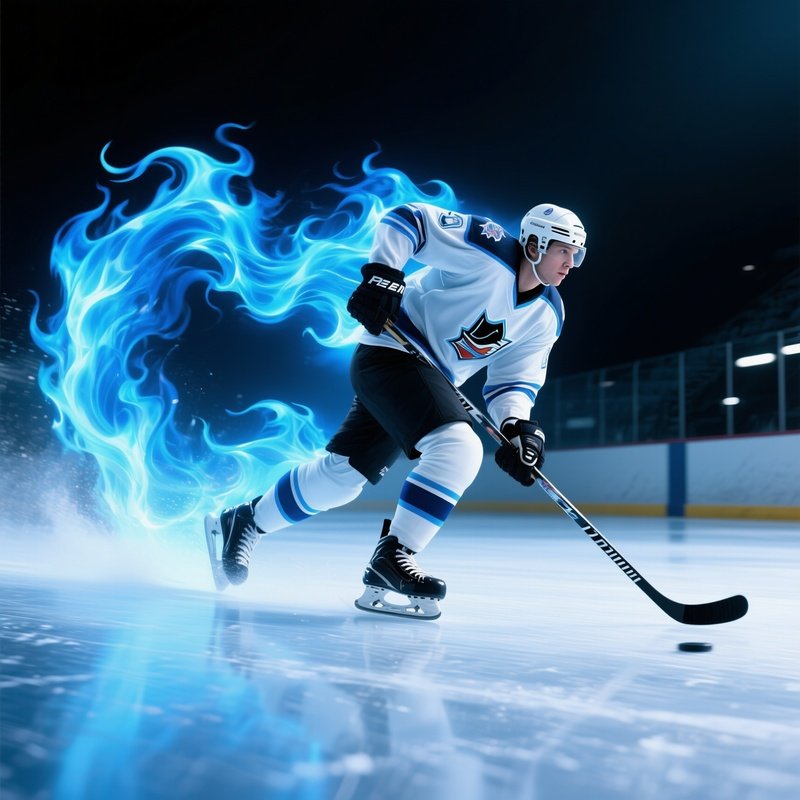 Hockey Player Ice Phantom Skating With Blue Flame Trail