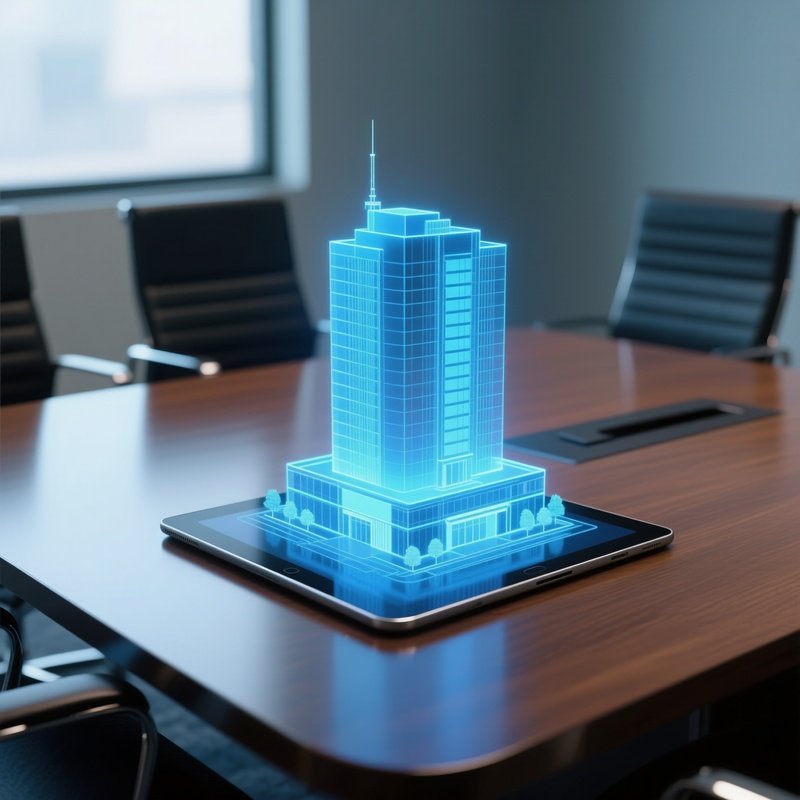 Hologram: A Futuristic Blue Hologram Of A Building Project Projecting From A Tablet On A Conference Table.