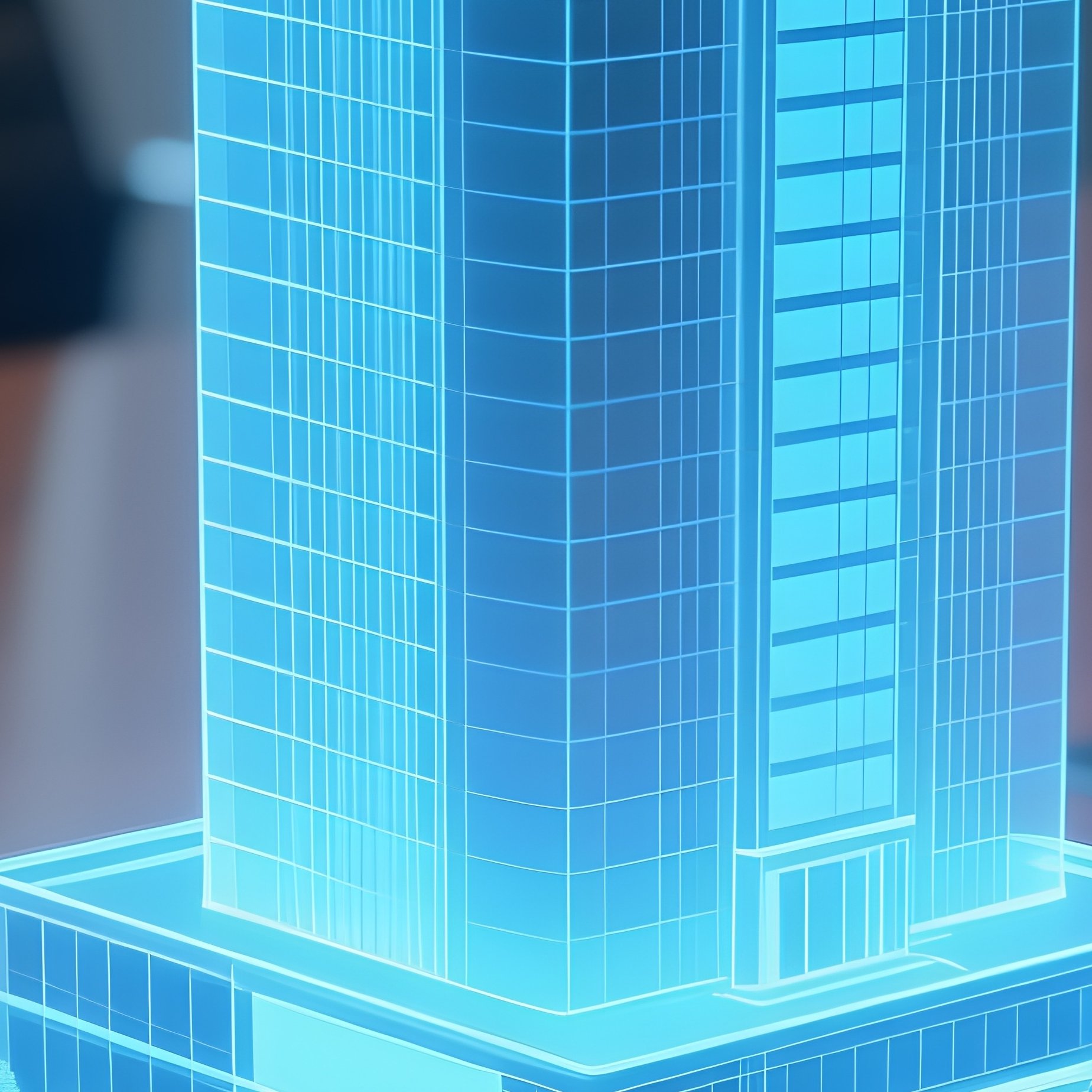 Hologram: A Futuristic Blue Hologram Of A Building Project Projecting From A Tablet On A Conference Table. - Full Resolution Quality Preview