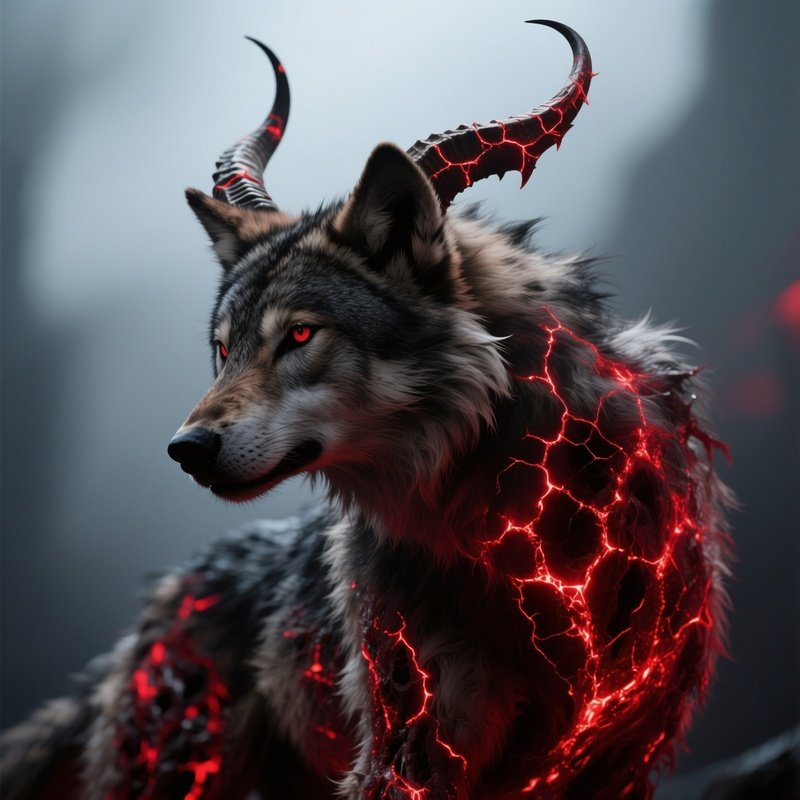 Horned Wolf With Glowing Red Cracks