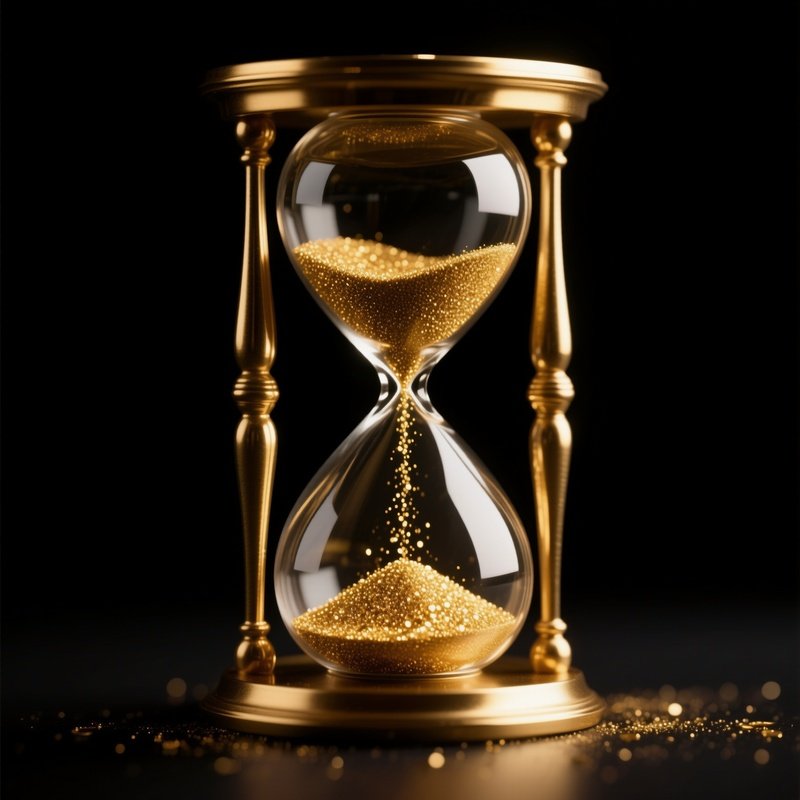 Hourglass With Gold: An Hourglass Where, Instead Of Sand, Tiny Gold Dust Particles Are Trickling Down, Symbolizing That Time Is Money, Set Against A Black Background.