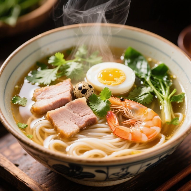 Hủ Tiếu Noodle Soup With Pork Shrimp Quail Egg Clear Broth And Herbs