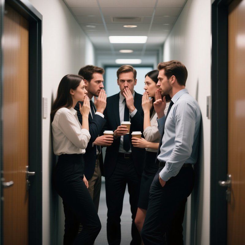 Huddle: A Small Group Of Coworkers Whispering Conspiratorially In A Hallway Corner, Holding Coffee Cups.