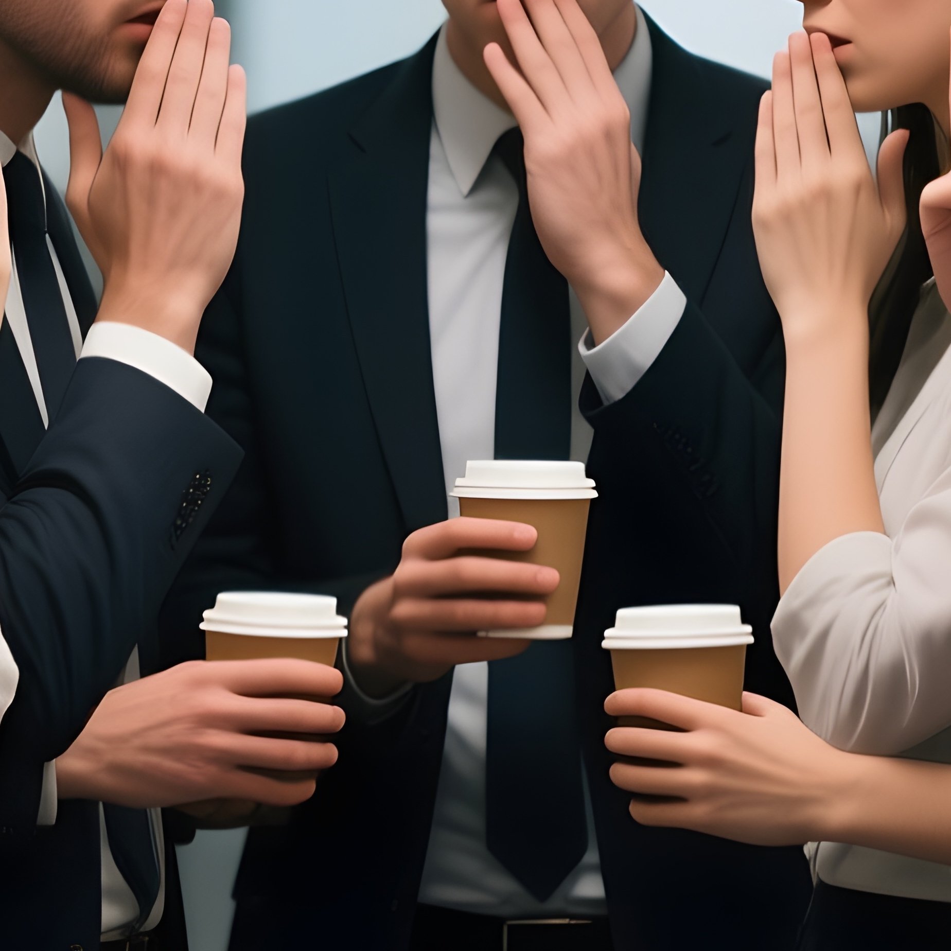 Huddle: A Small Group Of Coworkers Whispering Conspiratorially In A Hallway Corner, Holding Coffee Cups. - Full Resolution Quality Preview