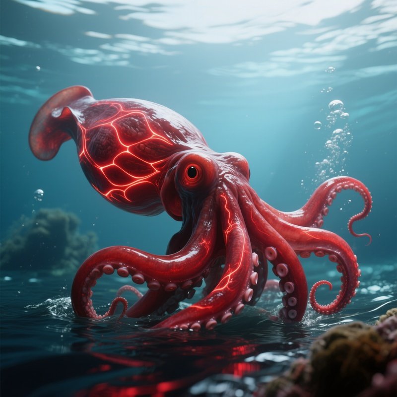 Humboldt Squid – Muscular Red Flashing Patterns In Open Water.