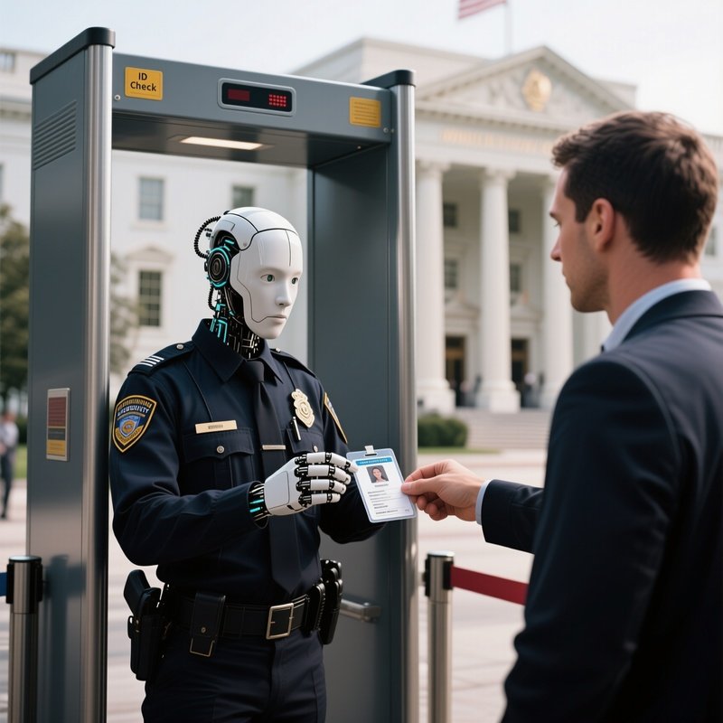Id Check: A Security Guard At A Metal Detector Checkpoint Inspecting A Visitor'S Id Badge Before Allowing Entry Into A Government Building.