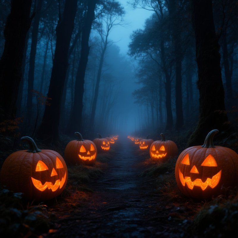 Illuminated Pumpkins In A Forest Halloween Pumpkin