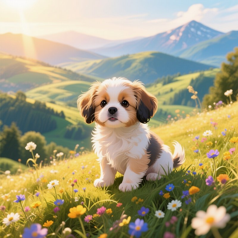 Illustrative Tibetan Spaniel Puppy In Golden Sunlight