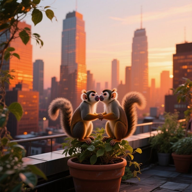In A Bustling City Rooftop Garden At Sunset, Two Squirrel Monkeys Perch On A Potted Plant And