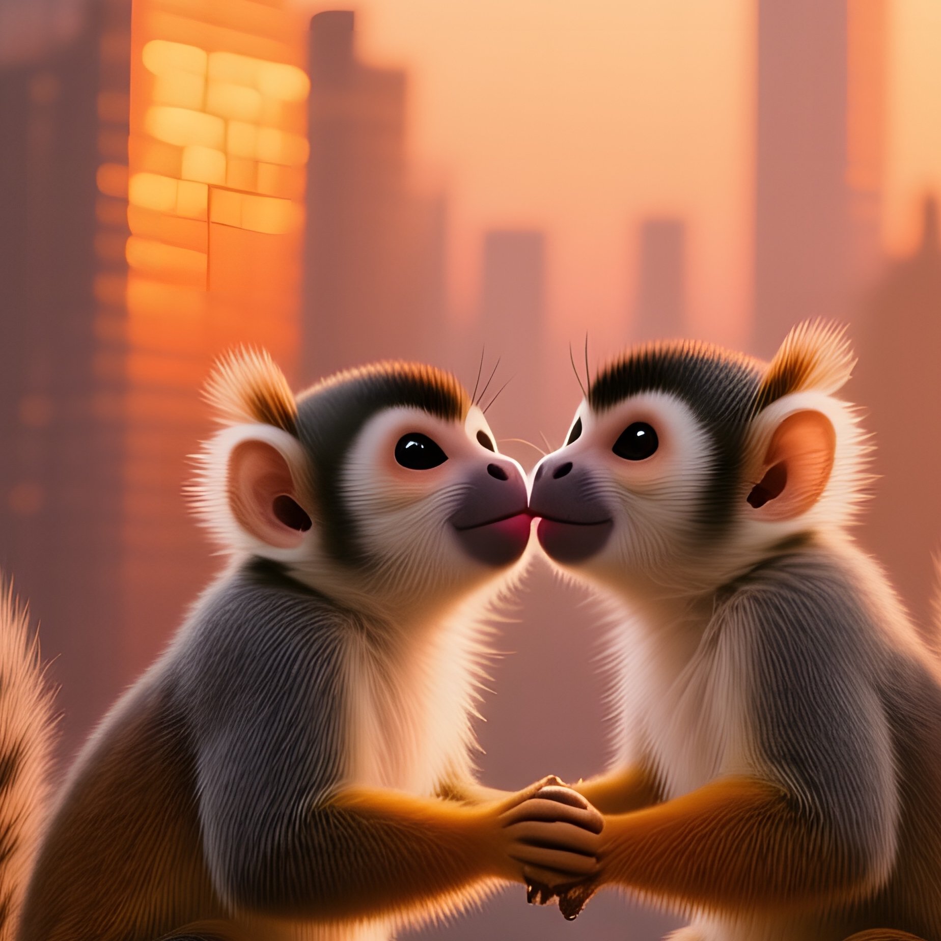 In A Bustling City Rooftop Garden At Sunset, Two Squirrel Monkeys Perch On A Potted Plant And - Full Resolution Quality Preview