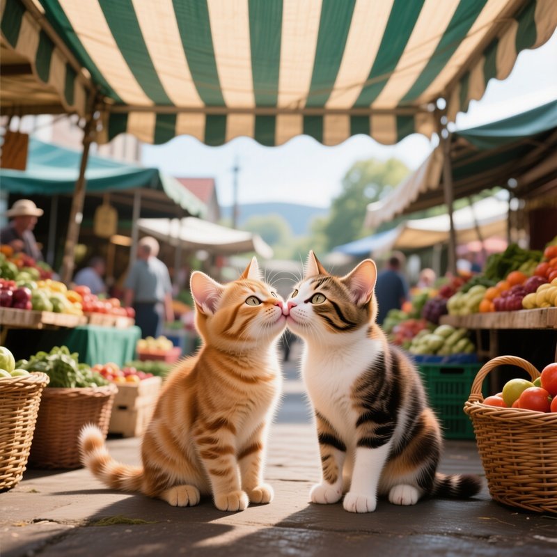 In A Bustling Farmer’S Market, A Ginger Kitten Kisses A Calico Under A Striped Awning, Fresh
