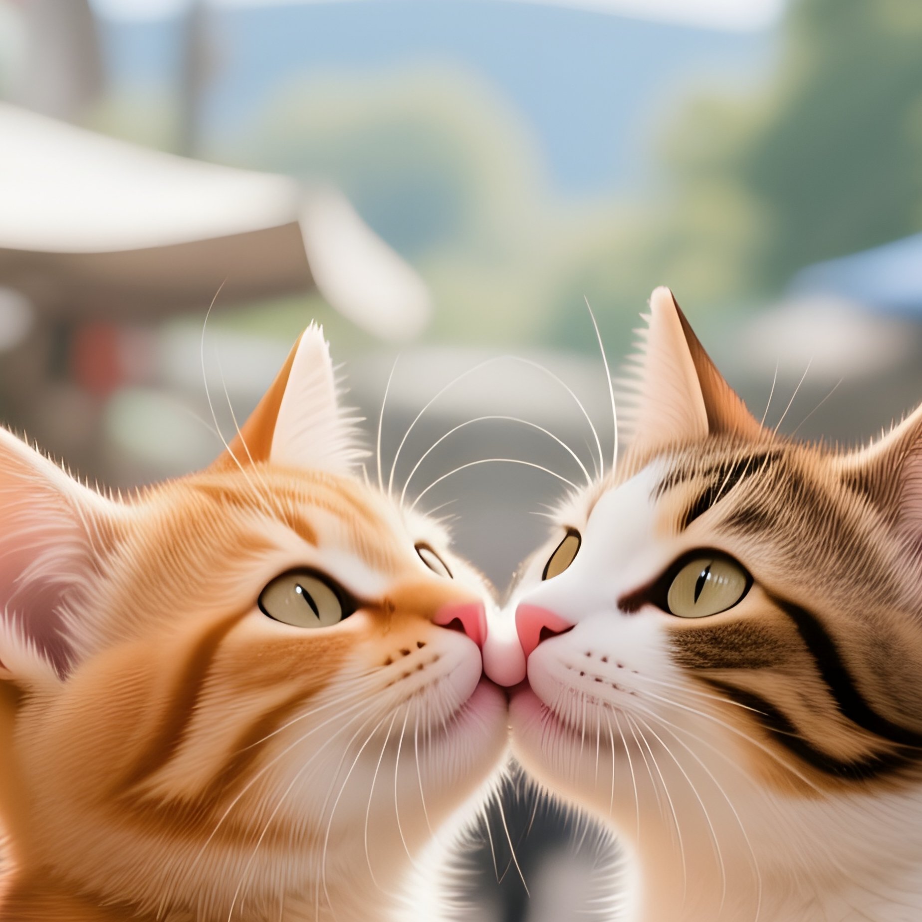 In A Bustling Farmer’S Market, A Ginger Kitten Kisses A Calico Under A Striped Awning, Fresh - Full Resolution Quality Preview