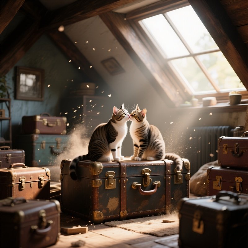 In A Cozy Attic Loft, Two Cats Share A Kiss Atop An Old Trunk Surrounded By Vintage Trunks, Dust