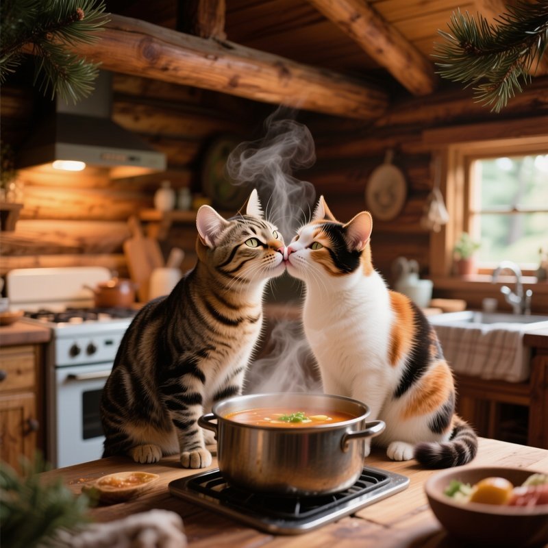 In A Cozy Cabin Kitchen, A Tabby Cat Kisses A Calico Cat Beside A Steaming Pot Of Soup, Wooden
