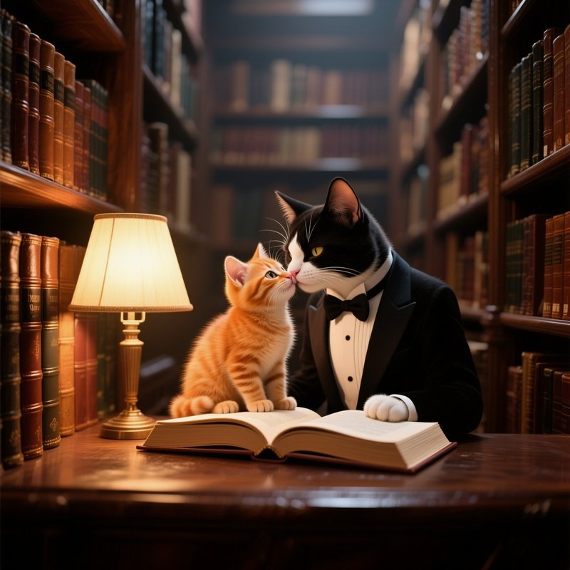 In A Cozy Library, A Tuxedo Cat Kisses A Ginger Kitten Perched On An Open Book, Warm Lamp Light
