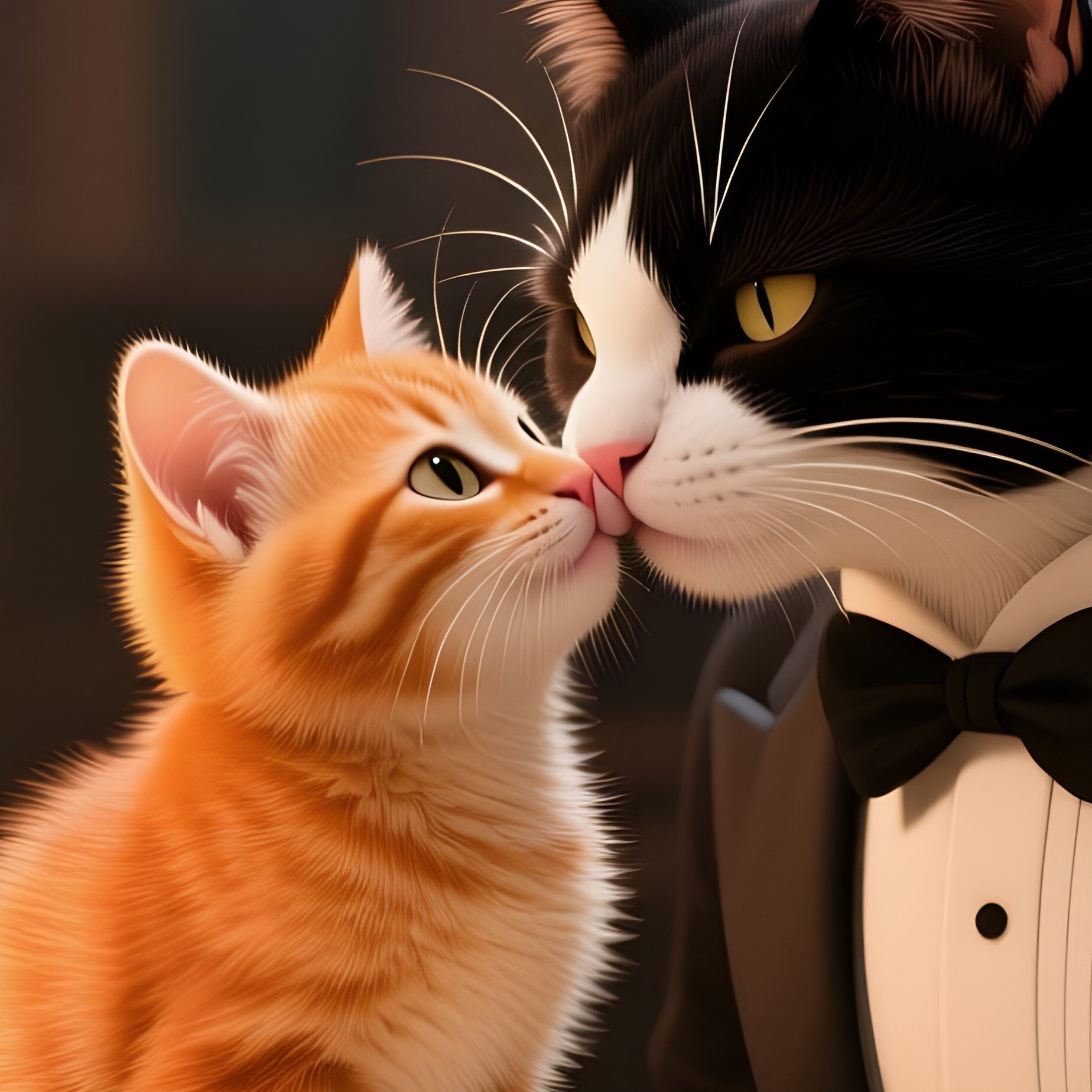 In A Cozy Library, A Tuxedo Cat Kisses A Ginger Kitten Perched On An Open Book, Warm Lamp Light - Full Resolution Quality Preview