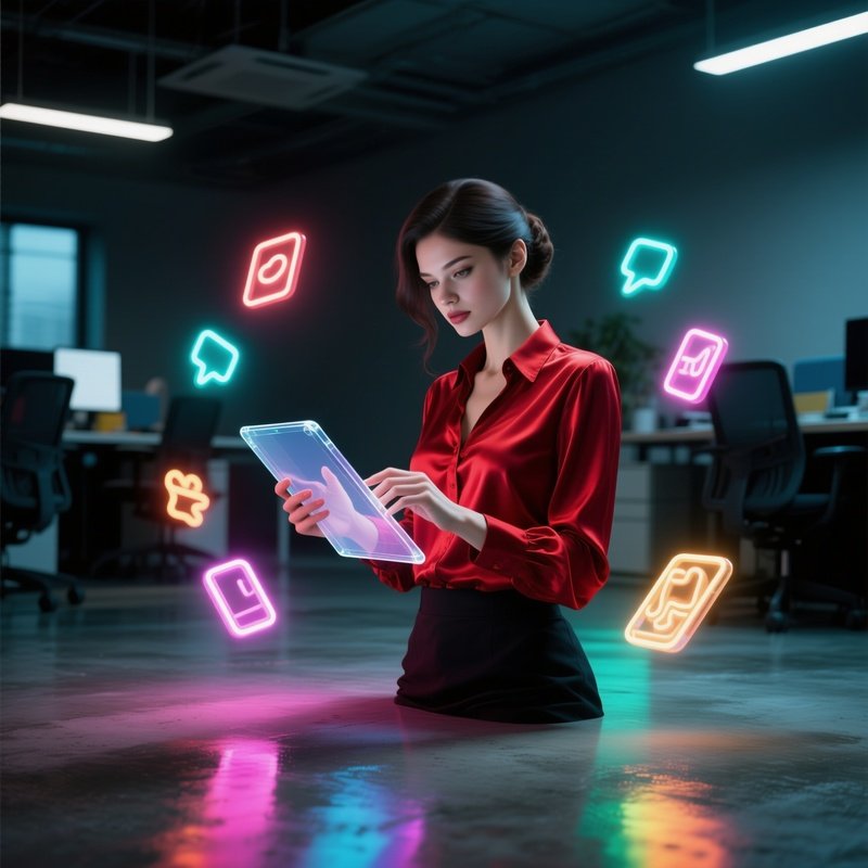 In A Dimly Lit Coworking Space, A Sultry Office Assistant In A Red Silk Blouse Types On A