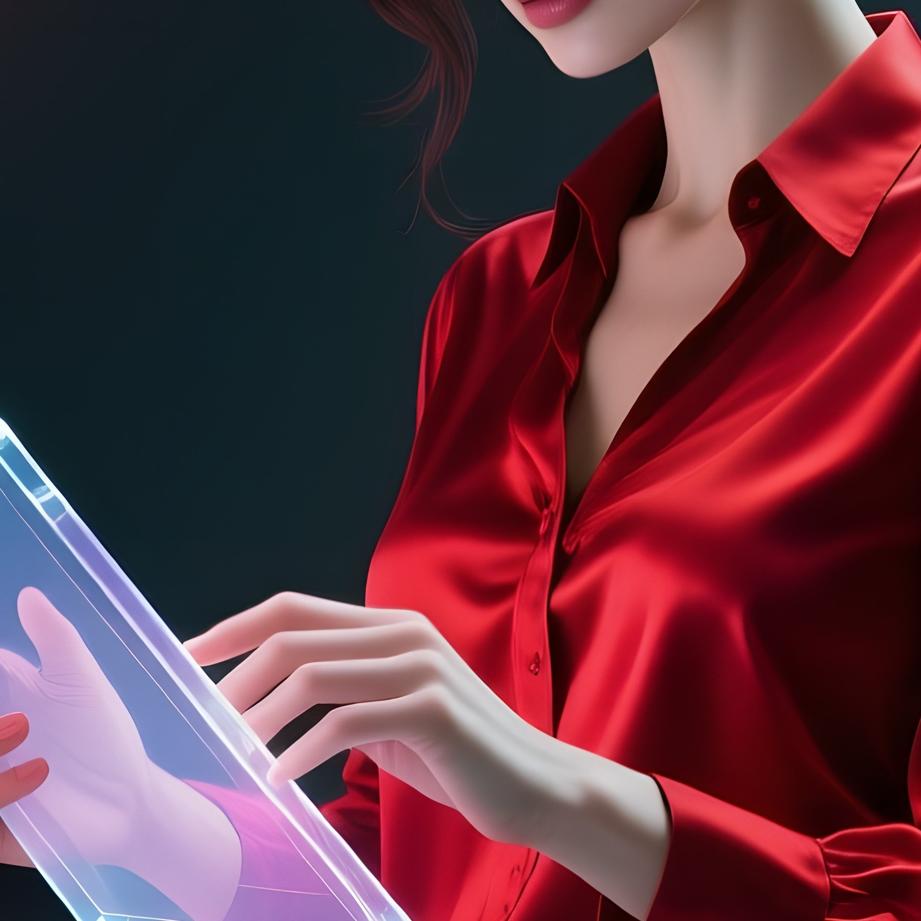 In A Dimly Lit Coworking Space, A Sultry Office Assistant In A Red Silk Blouse Types On A - Full Resolution Quality Preview