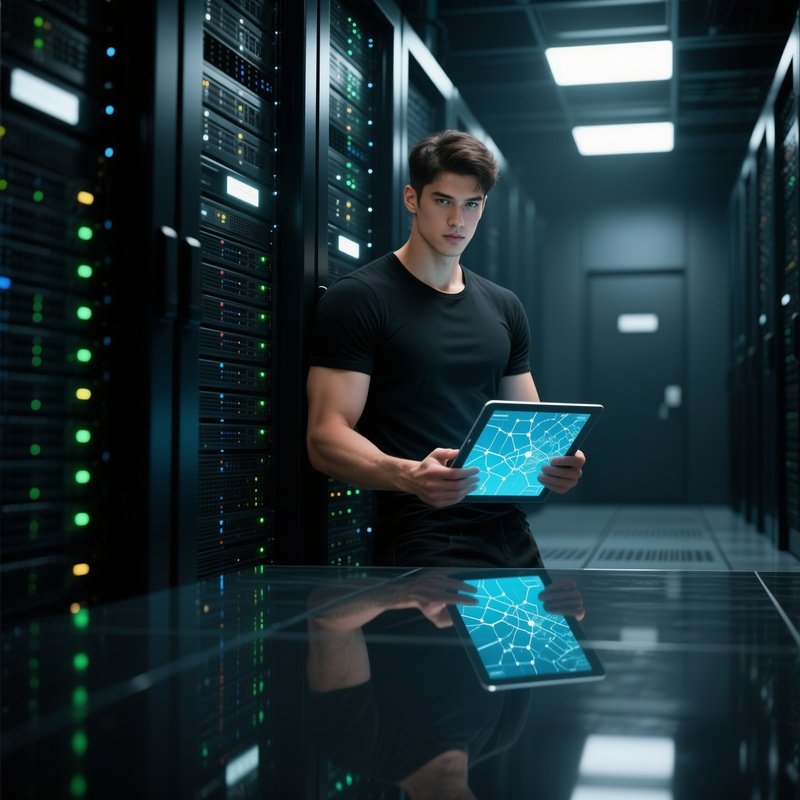 In A Dimly Lit Server Room, A Toned Male Model In A Fitted Black Tee Poses Beside Towering Racks Of