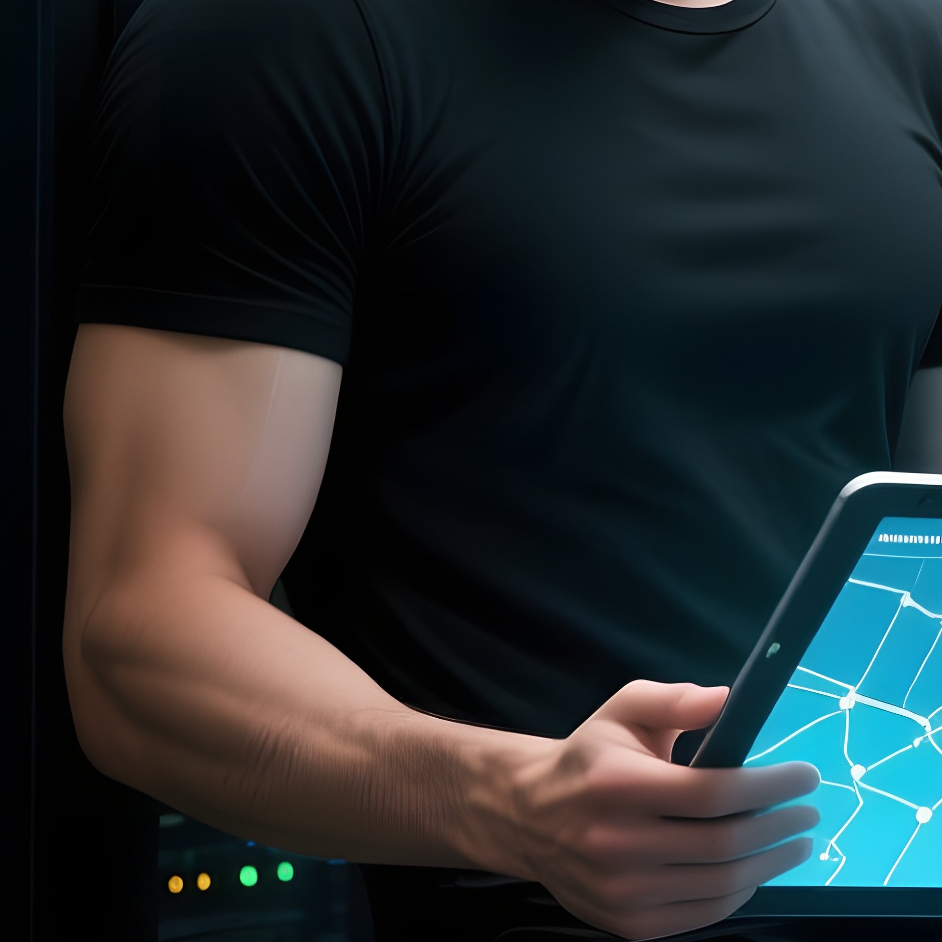 In A Dimly Lit Server Room, A Toned Male Model In A Fitted Black Tee Poses Beside Towering Racks Of - Full Resolution Quality Preview
