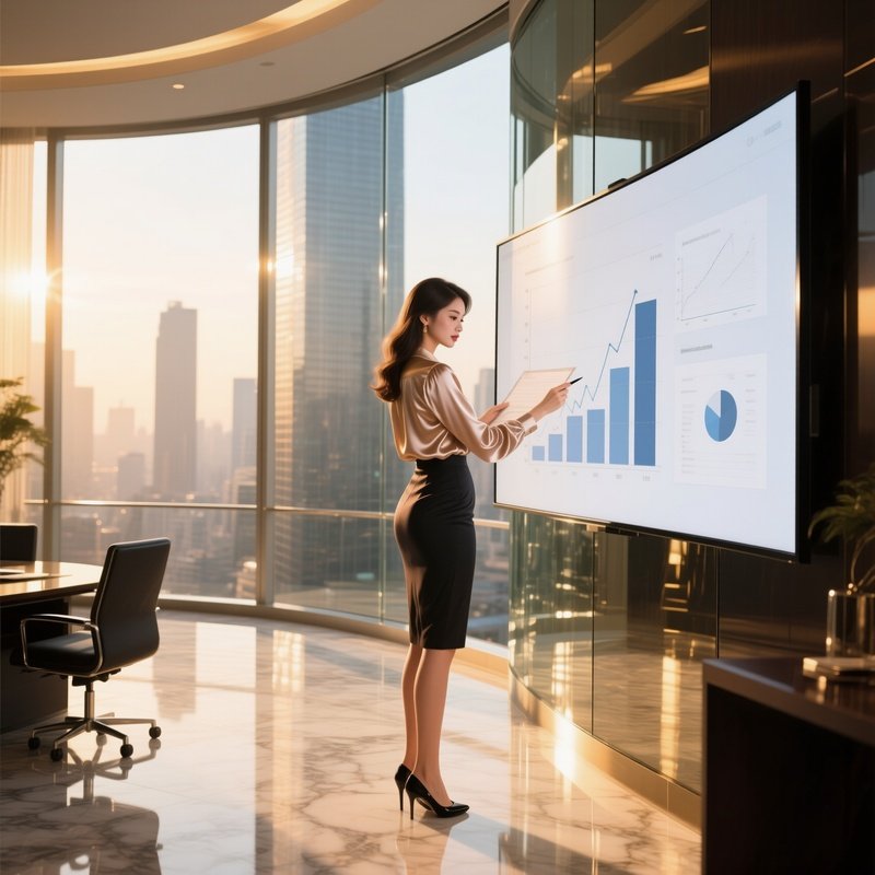 In A High‑Rise Executive Suite, A Curvy Pop‑Up Girl In A Silk Blouse Reviews Graphs On A Curved
