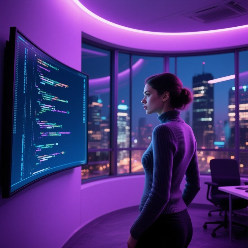 In A High‑Tech Startup Hub, A Sultry Coder In A Form‑Fitting Sweater Watches As Code Streams Across