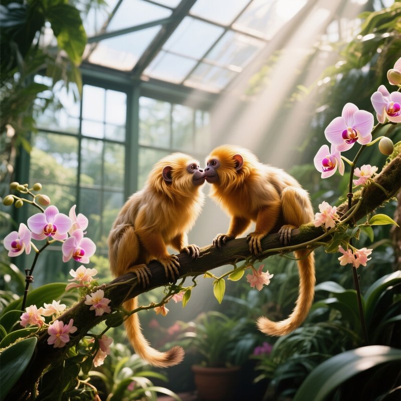 In A Lush Botanical Garden Greenhouse At Midday, Two Golden Lion Tamarins Perch On A Flowering Vine