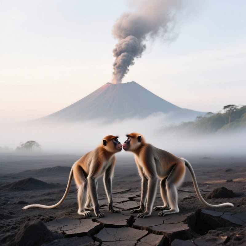 In A Misty Early Morning On A Volcanic Ash Plain, Two Proboscis Monkeys Stand On A Cracked Earth