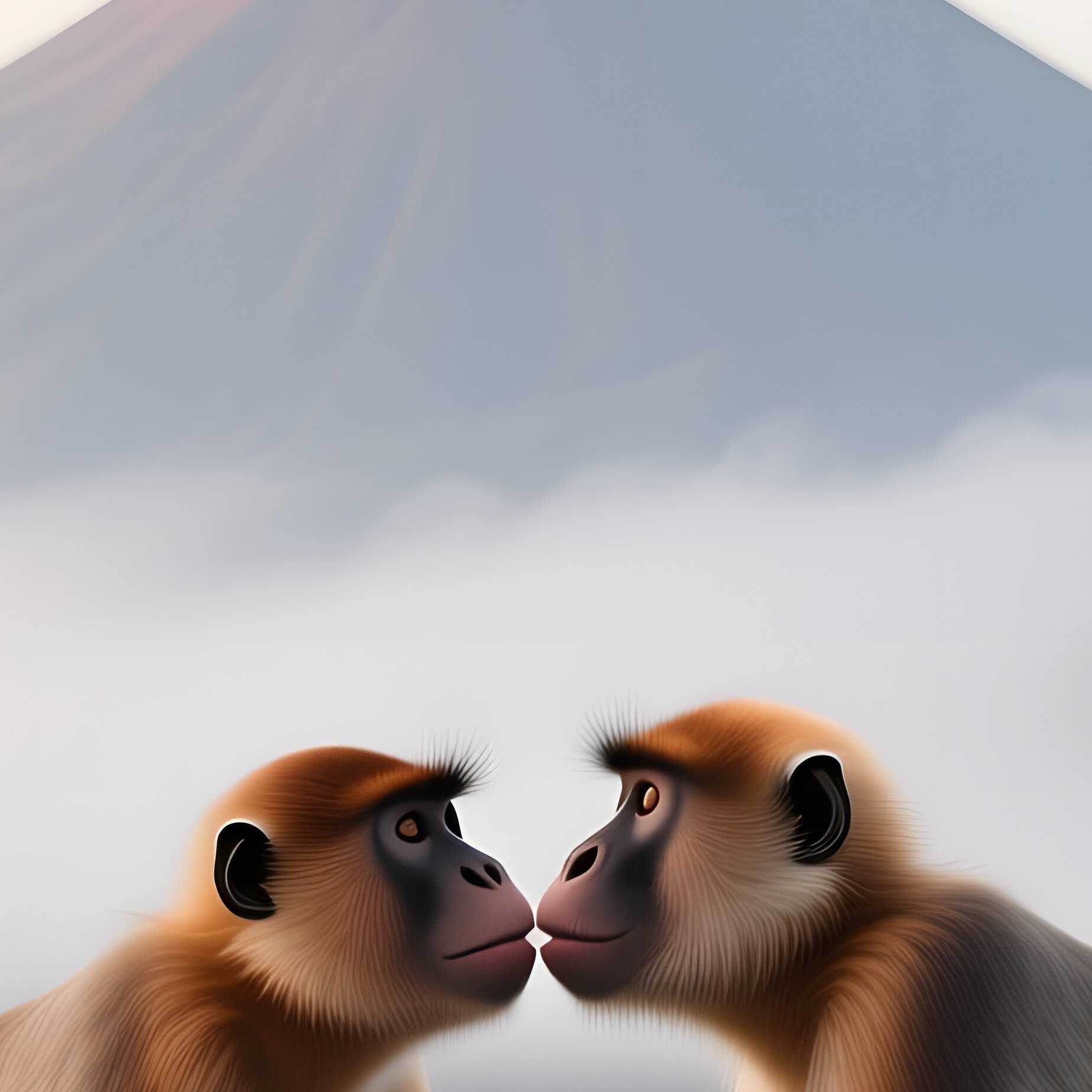 In A Misty Early Morning On A Volcanic Ash Plain, Two Proboscis Monkeys Stand On A Cracked Earth - Full Resolution Quality Preview