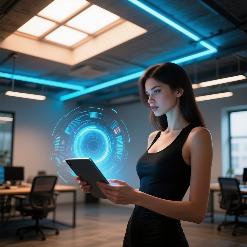 In A Modern Coworking Loft, A Sultry Coder In A Form‑Fitting Black Top Watches 3D Data