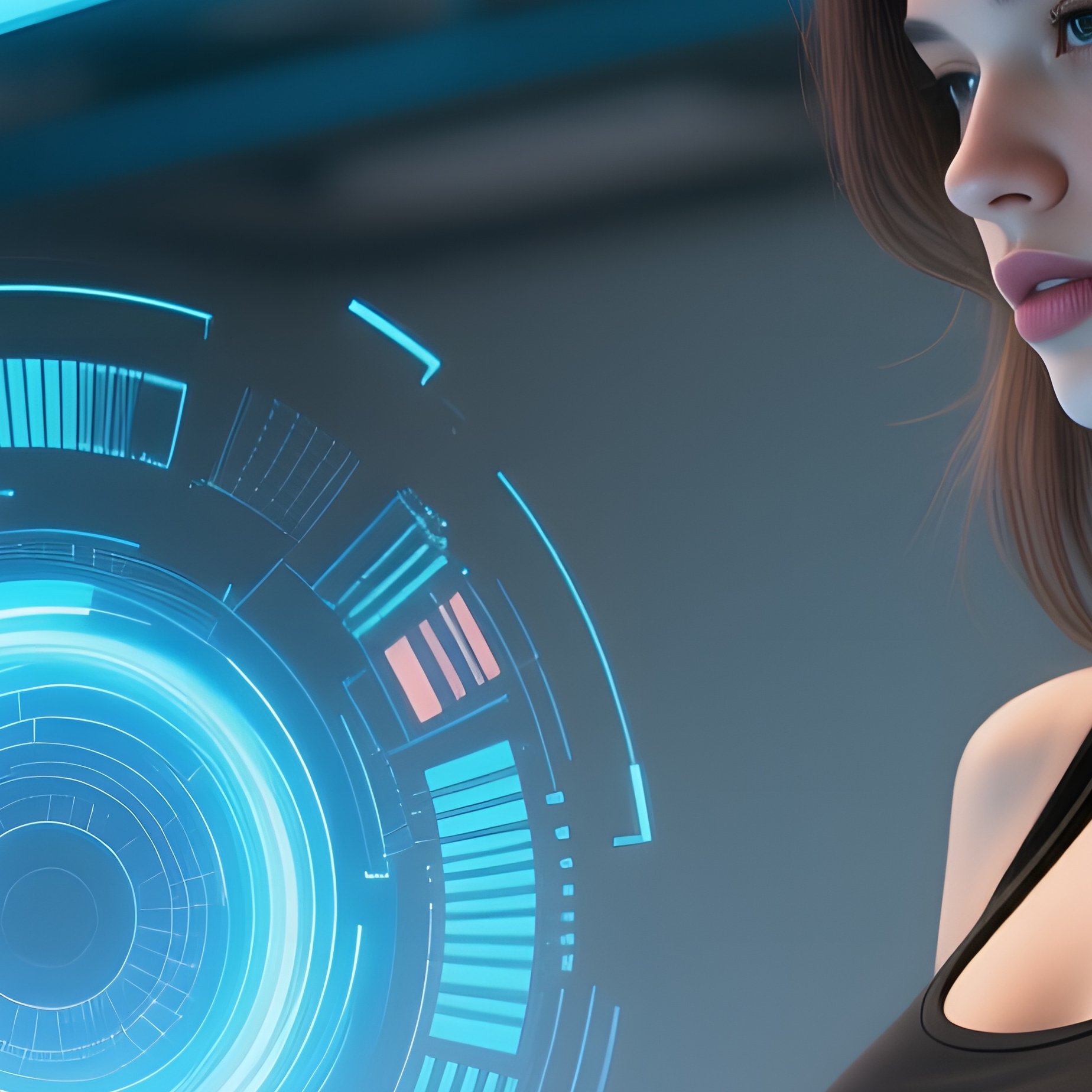 In A Modern Coworking Loft, A Sultry Coder In A Form‑Fitting Black Top Watches 3D Data - Full Resolution Quality Preview