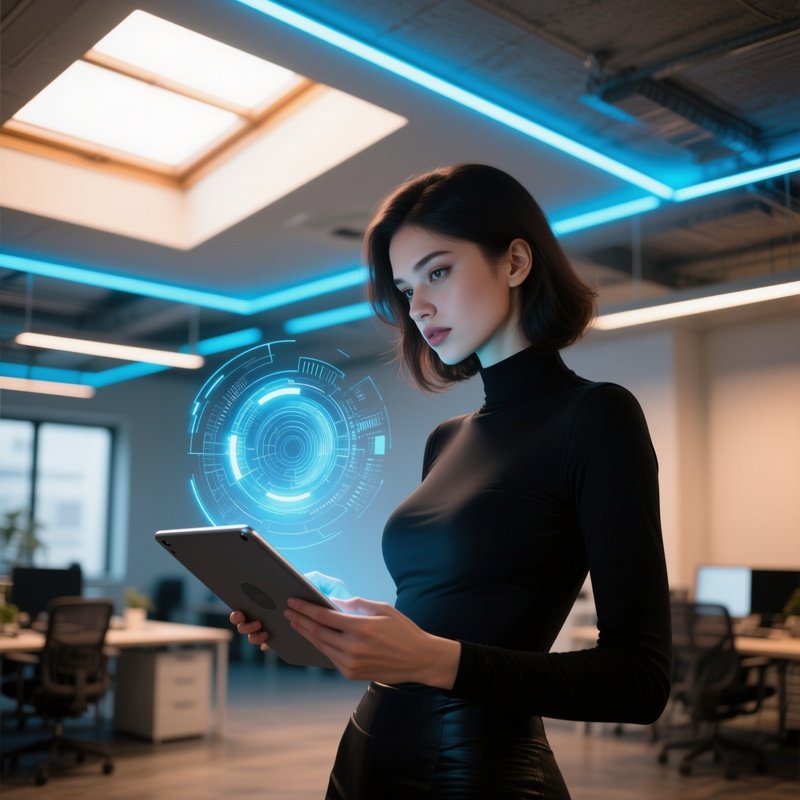 In A Modern Coworking Loft, A Sultry Coder In A Form‑Fitting Black Top Watches As 3D Data