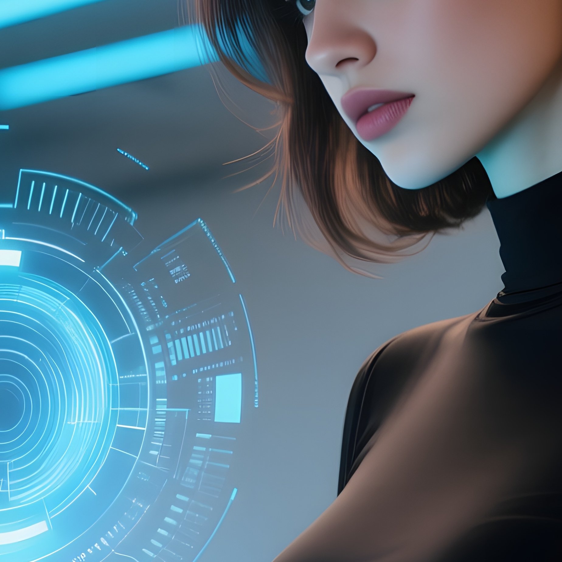 In A Modern Coworking Loft, A Sultry Coder In A Form‑Fitting Black Top Watches As 3D Data - Full Resolution Quality Preview