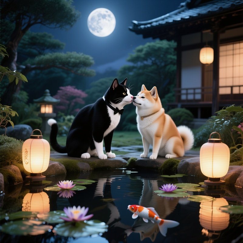 In A Moonlit Japanese Garden, A Black And White Tuxedo Cat Kisses A White Shiba Inu‑Styled Cat Near