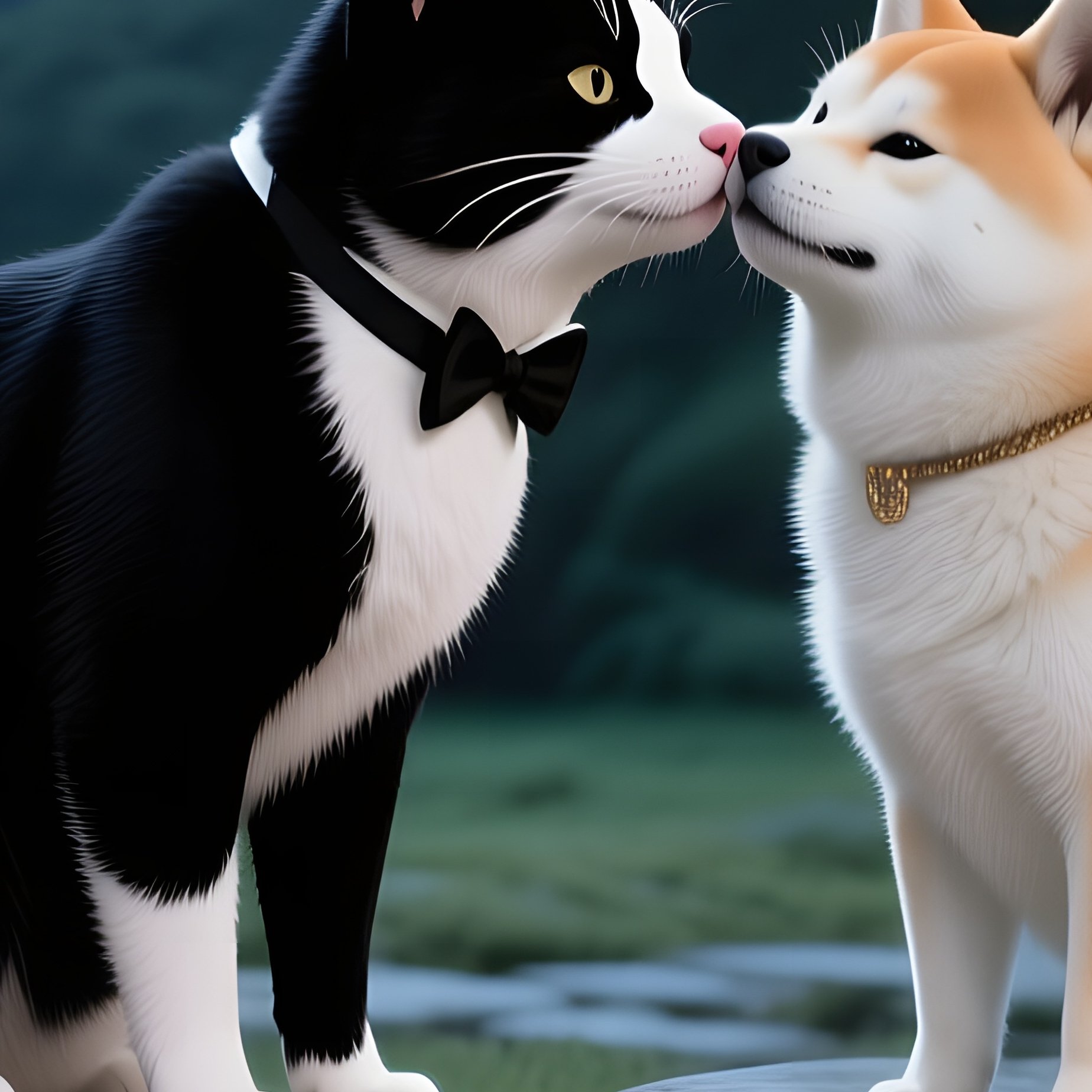 In A Moonlit Japanese Garden, A Black And White Tuxedo Cat Kisses A White Shiba Inu‑Styled Cat Near - Full Resolution Quality Preview