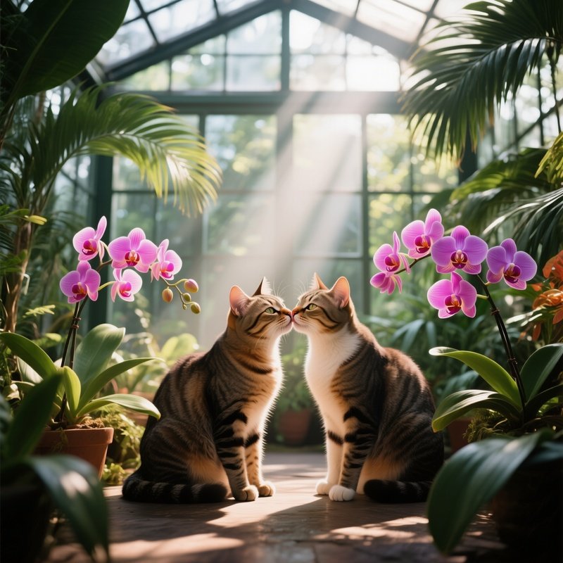 In A Quiet Greenhouse, Two Cats Share A Gentle Kiss Among Tropical Foliage, Shafts Of Sunlight