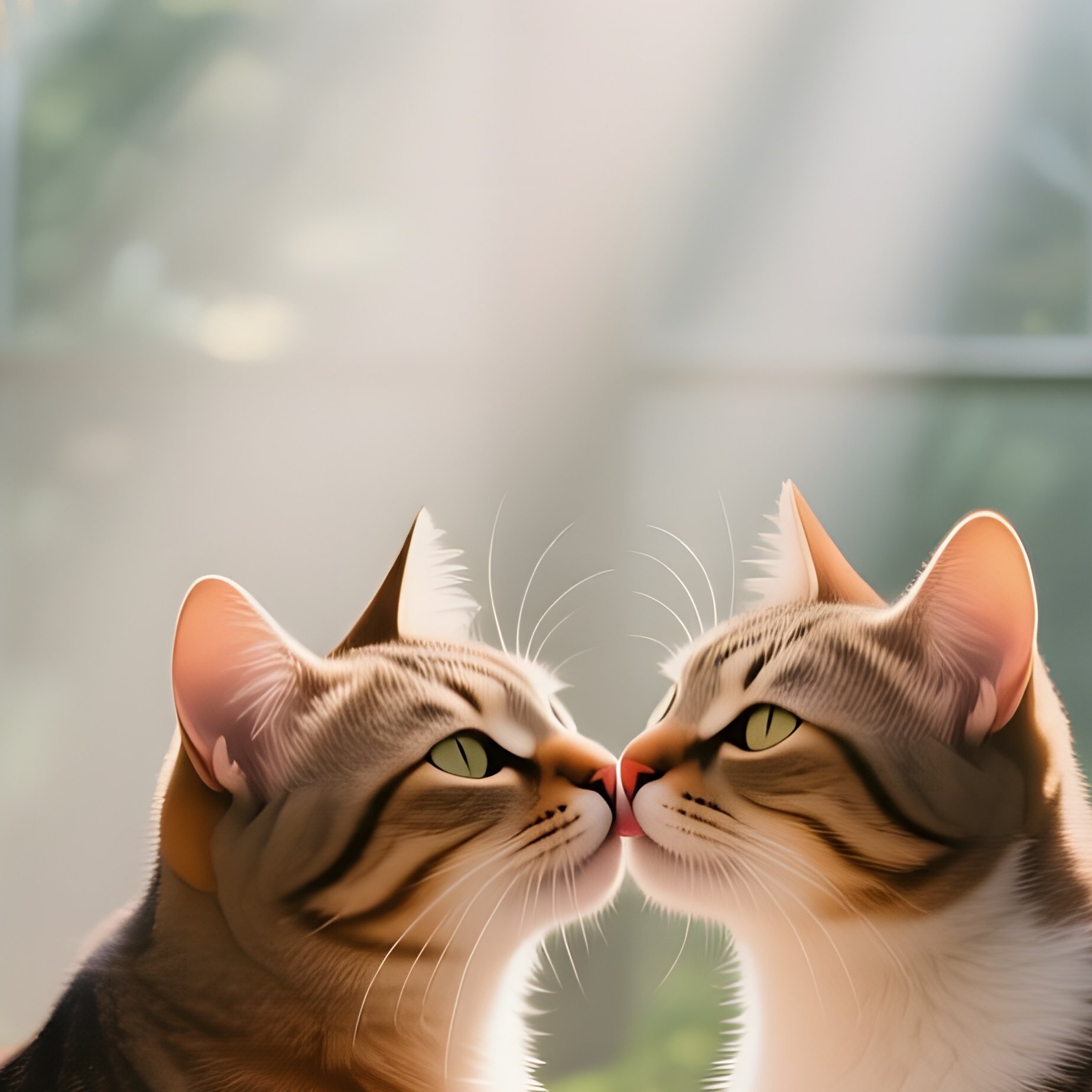 In A Quiet Greenhouse, Two Cats Share A Gentle Kiss Among Tropical Foliage, Shafts Of Sunlight - Full Resolution Quality Preview